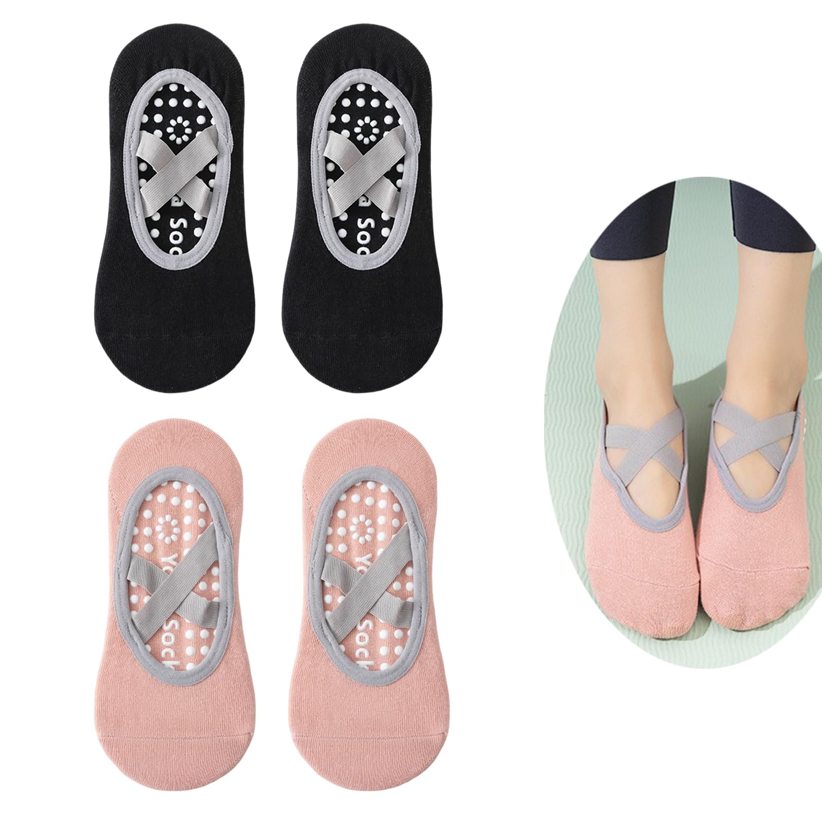 Enreluya Unisex Black+Pink Yoga Socks, 2 Pairs Non Slip Yoga Grip Pilates Socks For Women, Grippy Socks For Pilates, Barre, Ballet, Dance, Workout, Fitness, Black + Pink
