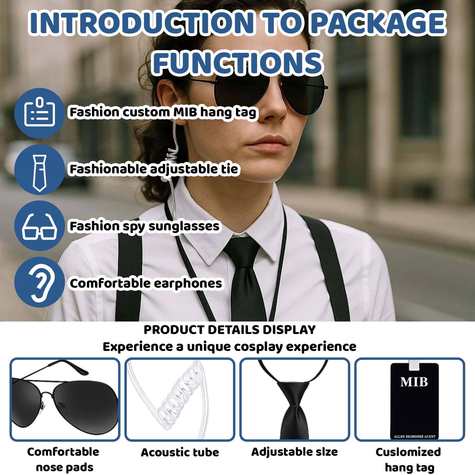 YTPAFK Men in Black Costume Accessories, 5-Piece Spy Kit for Role Play Includes Tie, Badge, Earpiece, Suspenders - Image 3