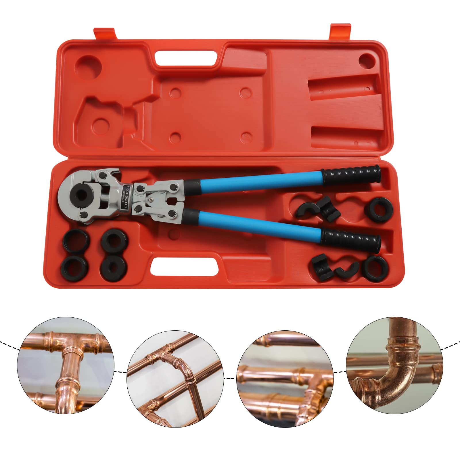 Set di pinze crimpatrici con testa girevole a 360° e manico retrattile (a forma di V 12-28 mm e a forma di TH 16-32 mm), per tubi in acciaio inossidabile, alluminio, PEX, PB, rame e alluminio.
