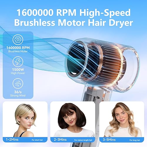 Miniatura 2 de Secador de pelo, secador de pelo iónico de 160000 RPM, secador de pelo ligero portátil con 500 millones de iones negativos, secador de pelo de alta
