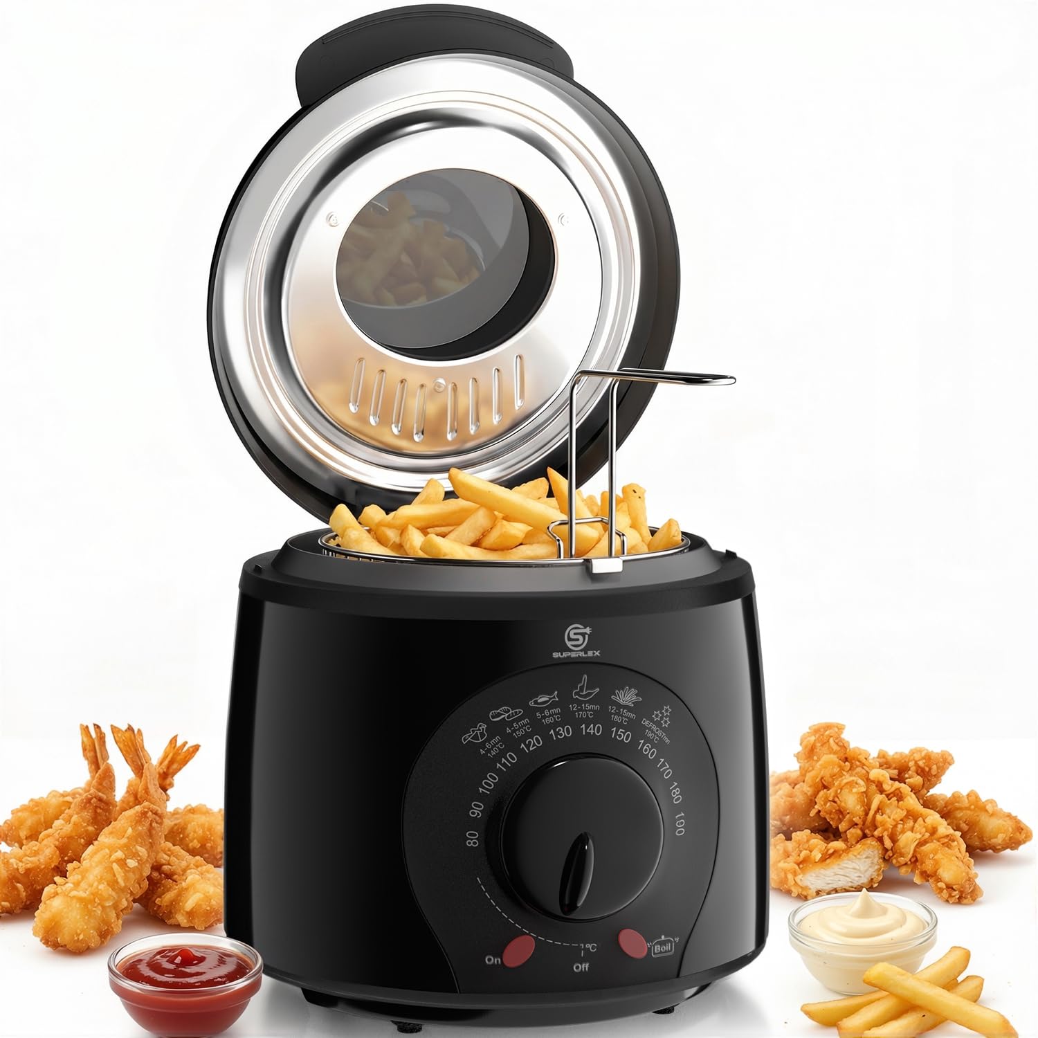 Friteuse mit Fett 1L Elektrische 950W Kompakte Mini Fritteuse Öl mit Temperaturregelung Edelstahl Filter für Knusprige Pommes Frites Hähnchen Fisch Snacks für Küche Haushalt Gastronomie