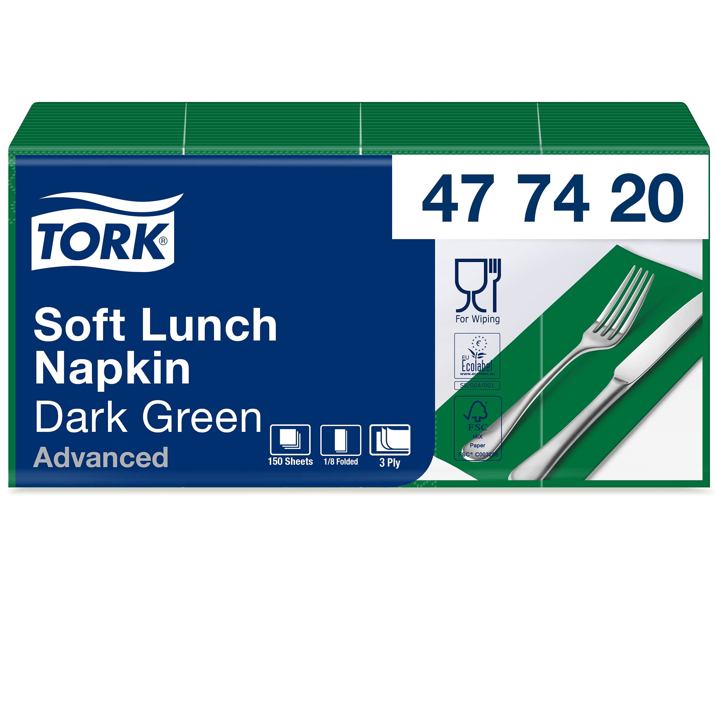 Tork 477420 Soft Lunch/Servilletas para almuerzo de tres capas/plegado americano 1/8 / color verde oscuro / 10 paquetes x 150 unidades (1500 servilletas) / 33 x 32,6 cm/Advanced