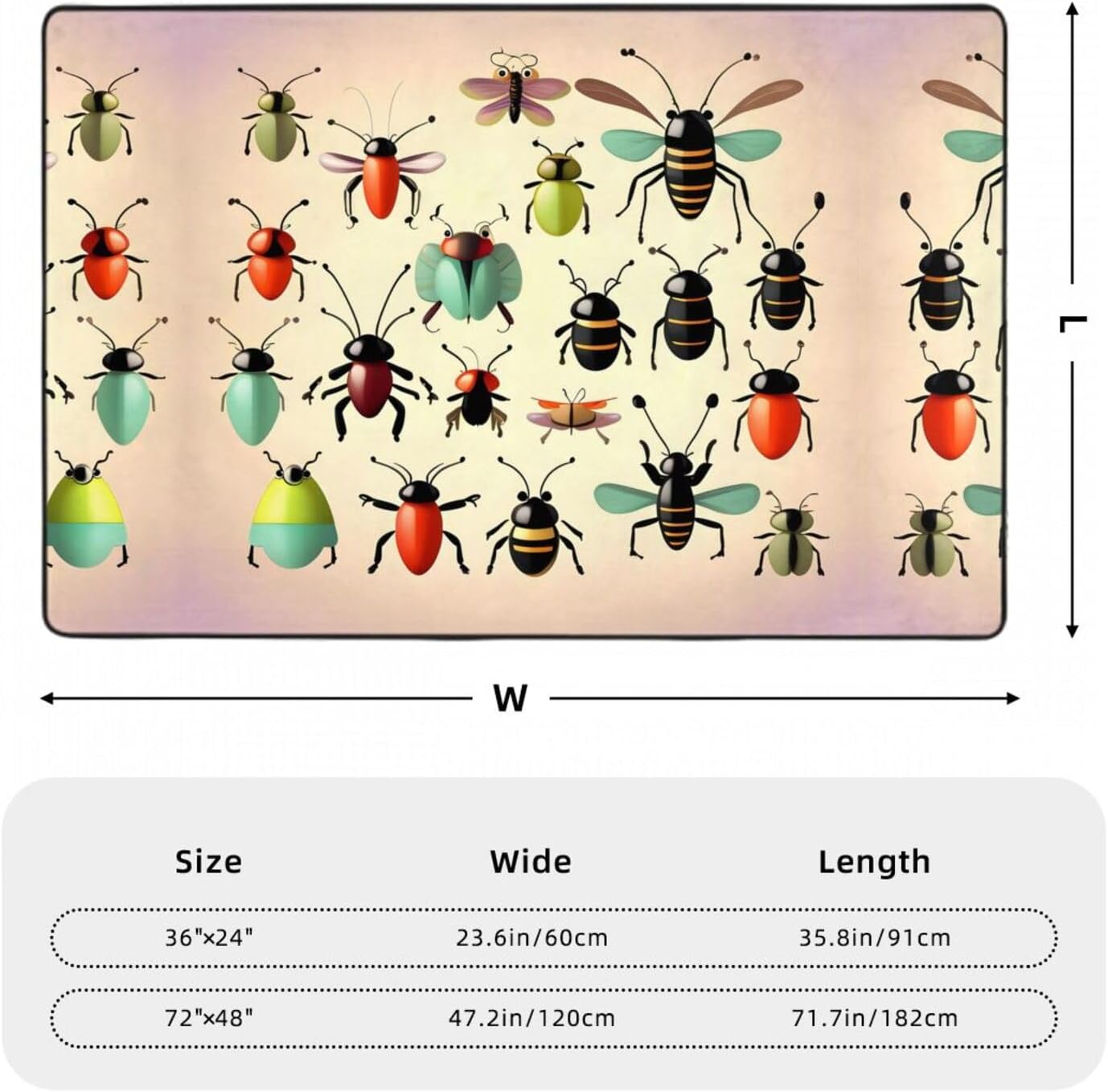 Cartoon Small Insects Prints Anti-Slip Floor mat Carpet Rug 72"x48" for Living Room Office Coffee Table Bed Balcony