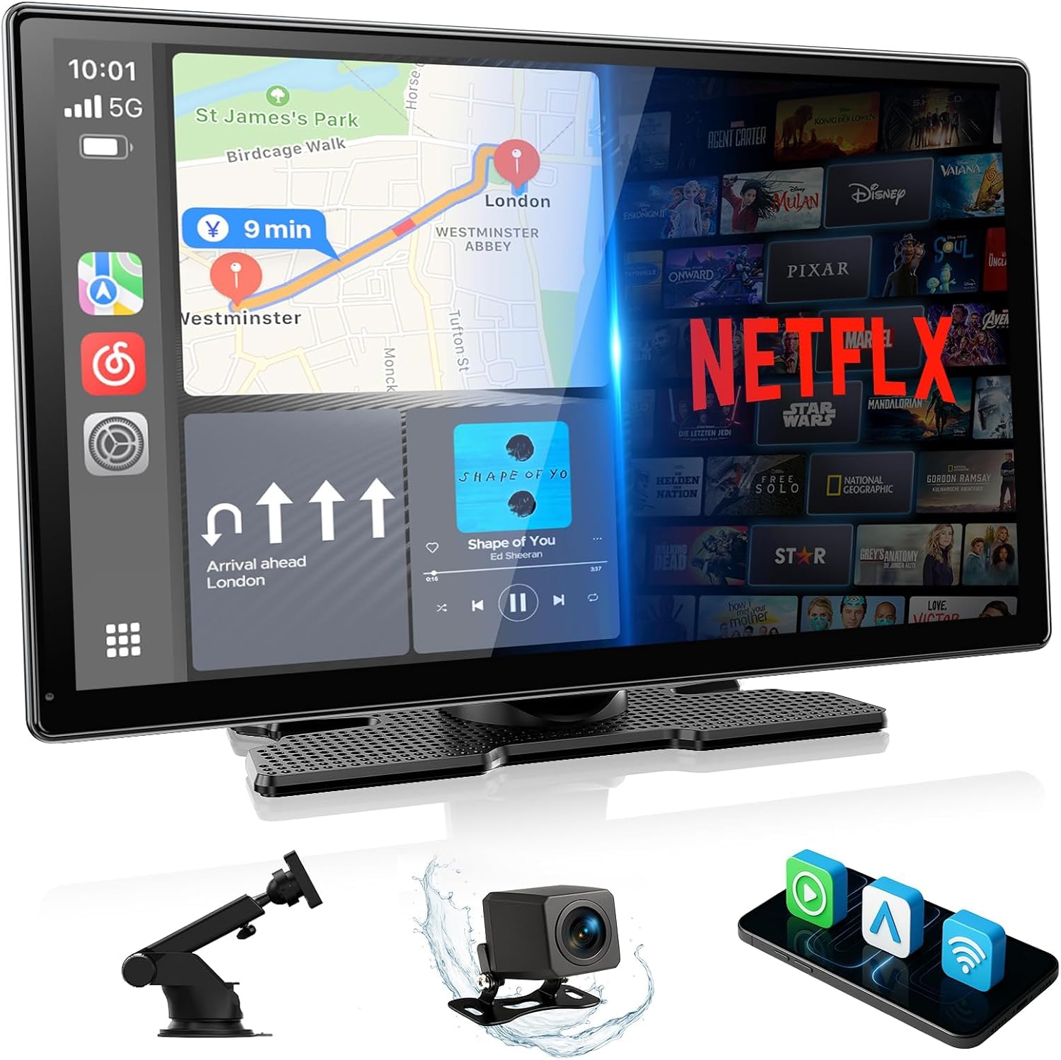 LAMTTO 3 en 1 Net-flix Carplay Android Auto Pantalla Coche con Youtube, Tiktok, Pantalla Táctil 9 pulgadas, Cámara de Respaldo Navegación Asistente de Voz Spotify Bluetooth AUX FM OTA