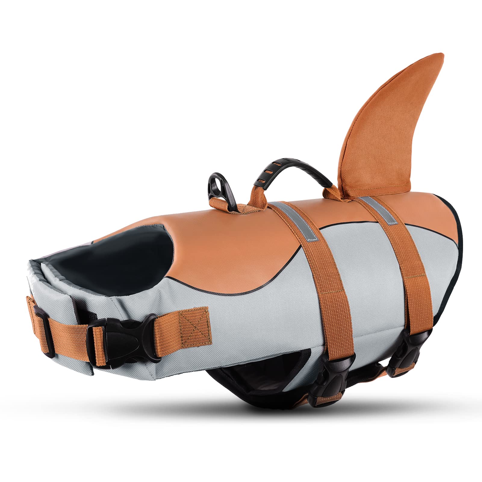 Queenmore Dog Life Jacket,Dog Life Vest for Swimming,Dog Shark Life Jacket with Rescue Handle,Adjustable Reflective Dog Life Preserver for Medium Dog,