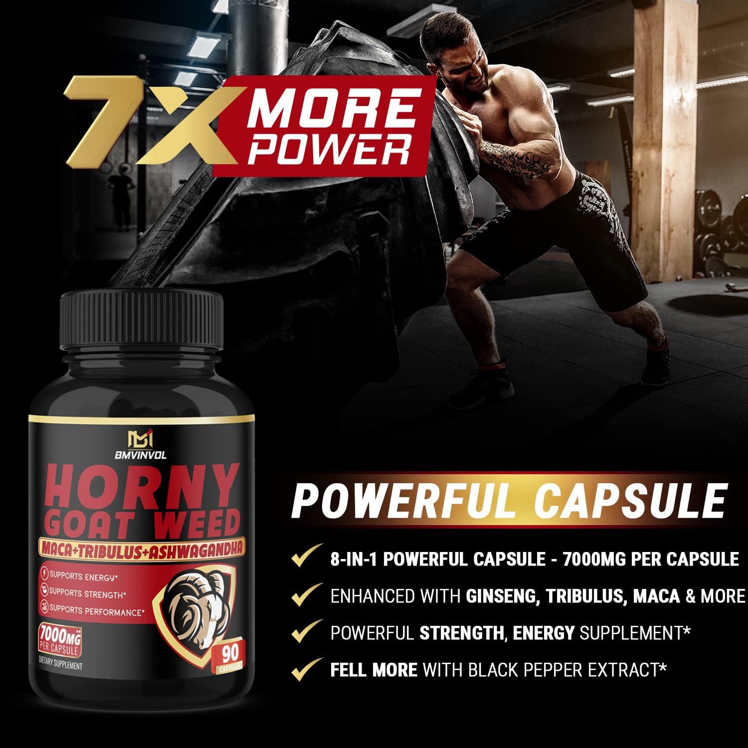 BMVINVOL Horny Goat Weed Capsules - 7000mg Herbal Equivalent - Maca, Ginseng, Tribulus Terrestris, Ashwagandha - Performance and Energy Support - 3 Months Supply : Health & Household