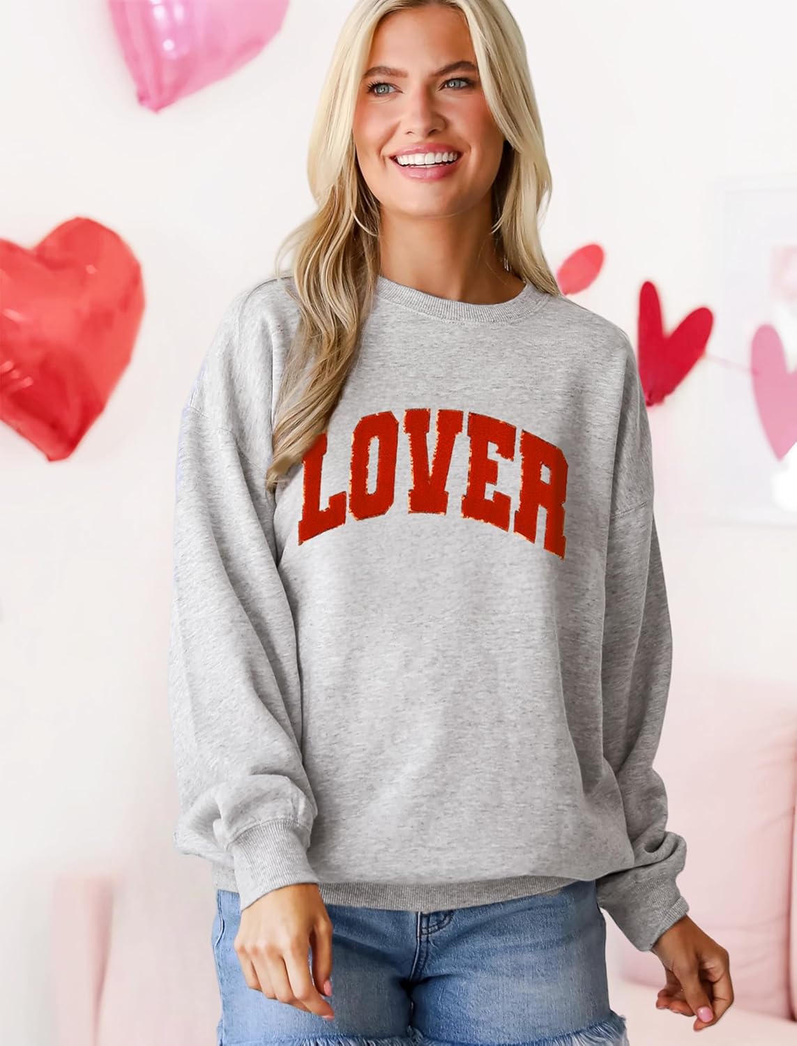 MAPICK Valentine Sweatshirts for Women Funny Letter Printed Chenille Patch Pullover Sweaters Long Sleeve Oversized Tops - Image 4