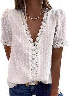 Women's V Neck Lace Crochet Tunic Tops Flowy Casual Blouses Shirts