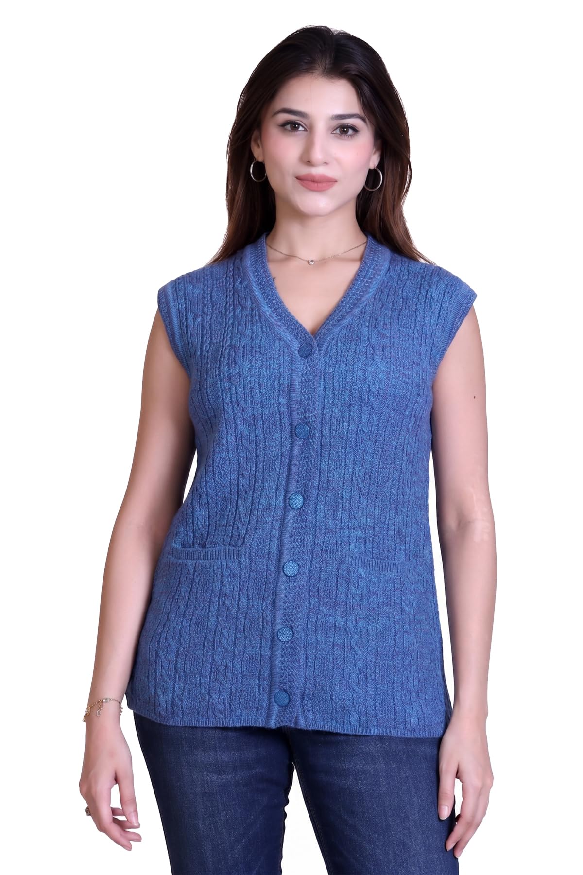 Self Knit Sleeveless Woollen Cardigan for Women with Pockets-image-26