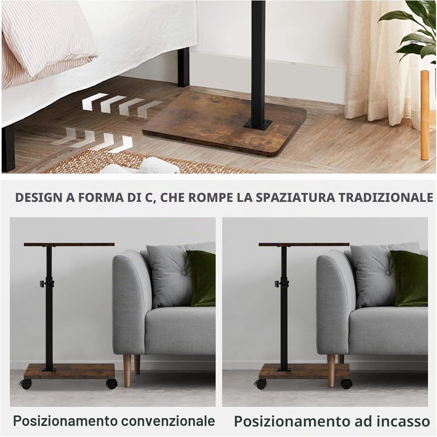 Tavolino a forma di C, regolabile in altezza, con ruote, tavolino piccolo, tavolino laterale, tavolino da caffè, comodino, comodino, per soggiorno, camera da letto, bagno