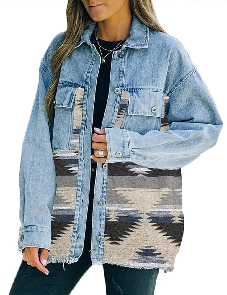 Aztec Denim Shirt Jacket Distressed 
