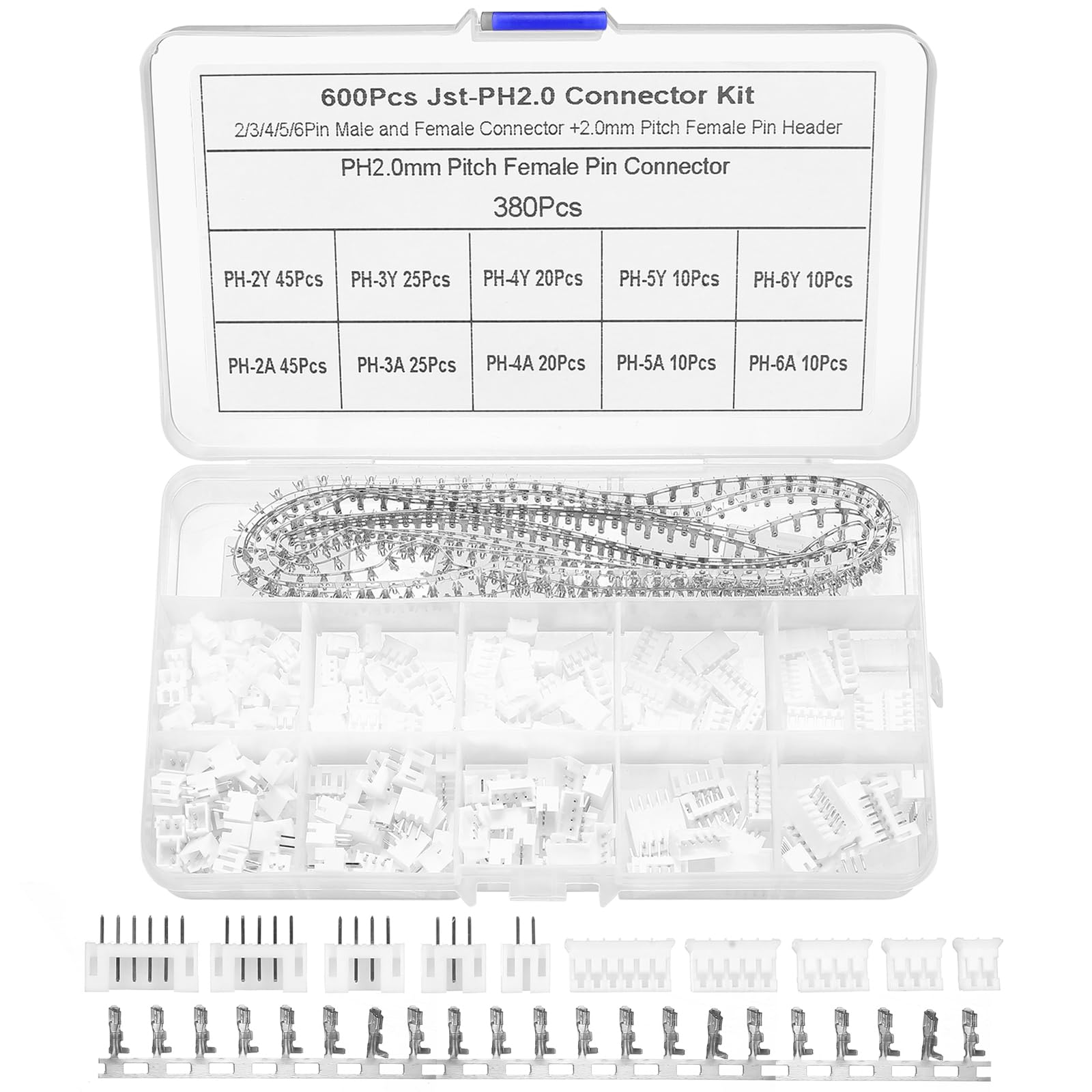 600 PcsJST Connectors, 2.0mm JST XH Connectors Kit, 2/3 / 4/5 / 6 Pin Housing Connector Adapter Plugs