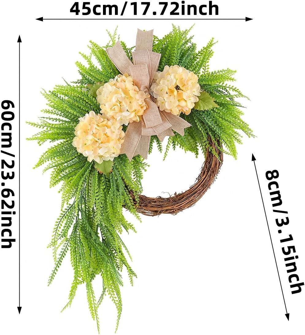 Spring Wreath for Front Door, Farmhouse Summer Wreath with Greenery Cream Flowers and Linen Bow, Asymmetrical Floral Wreath for Porch Entryway Wall Decor (#4PCS)