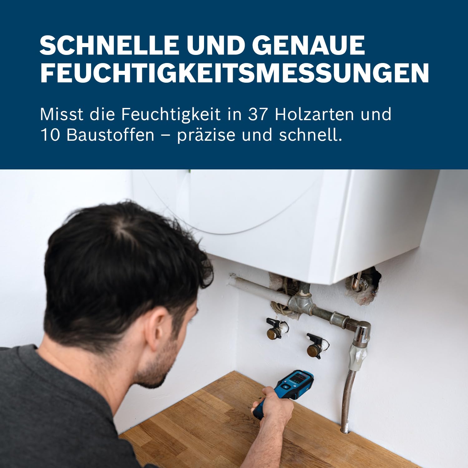 Bosch Professional Pin-Feuchtemessgerät GMP 1-13 (misst 37 Holzarten und 10 Baustoffe, Schutzklasse IP 65, kontrastreiches LCD-Display, 2x AA-Batterie, Tasche)