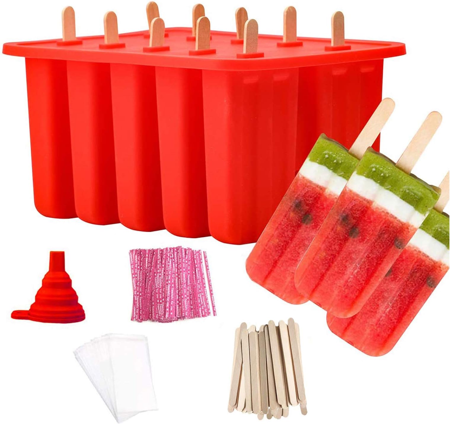 WAEKIYTL Ice Pop Molds, Food Grade Silicone Frozen Ice Cream Popsicle Molds Shapes BPA Free, with Lid Sticks Bags and Silicone Collapsible Funnel