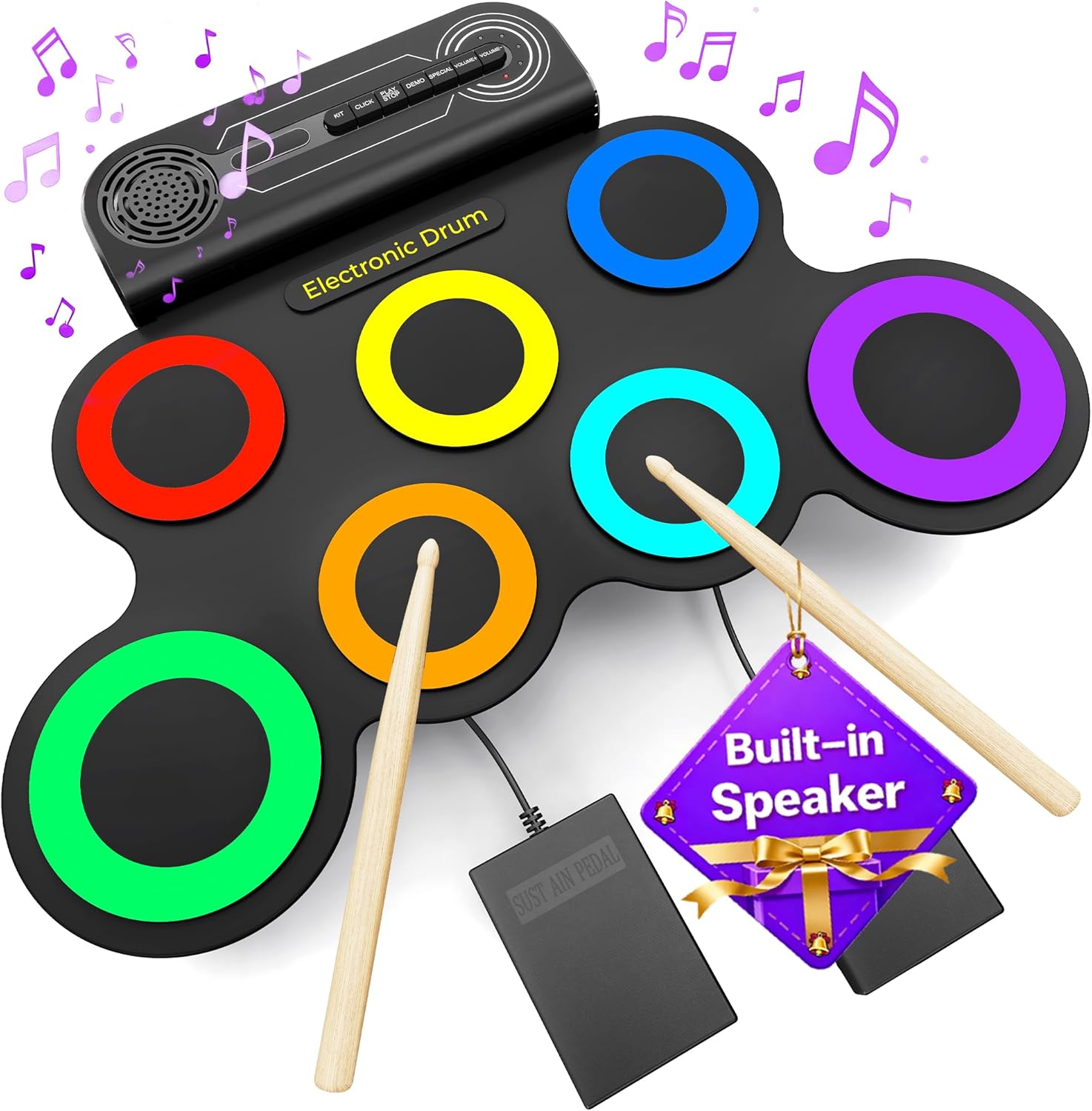 Electric Drum Set Built-in Speaker, Kids Drum Pad and Sticks, Portable Roll Up Drums Practice Pad for Kids, Great Birthday for Girls Boys Rainbow