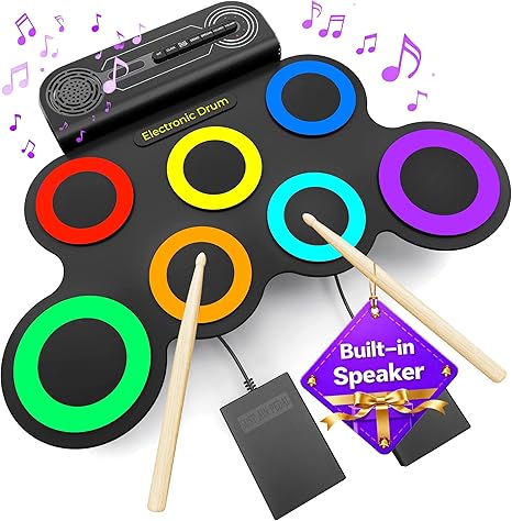 Electric Drum Set Built-in Speaker, Kids Drum Pad and Sticks, Portable Roll Up Drums Practice Pad for Kids, Great Birthday for Girls Boys