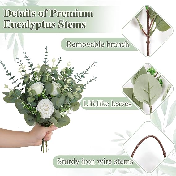 90pcs Eucalyptus Stems Flowers, Fake Eucalyptus Leaves Faux Silk Artificial Plants Green Foliage Greenery for DIY Flower Bouquets Arrangement Wedding Vase Wreath Home Party Decoration