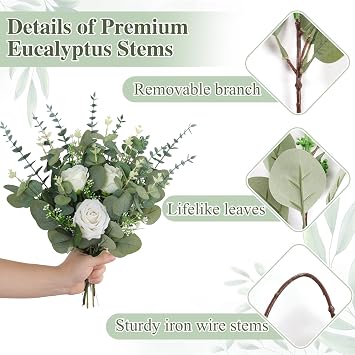 90pcs Eucalyptus Stems Flowers, Fake Eucalyptus Leaves Faux Silk Artificial Plants Green Foliage Greenery for DIY Flower Bouquets Arrangement Wedding Vase Wreath Home Party Decoration
