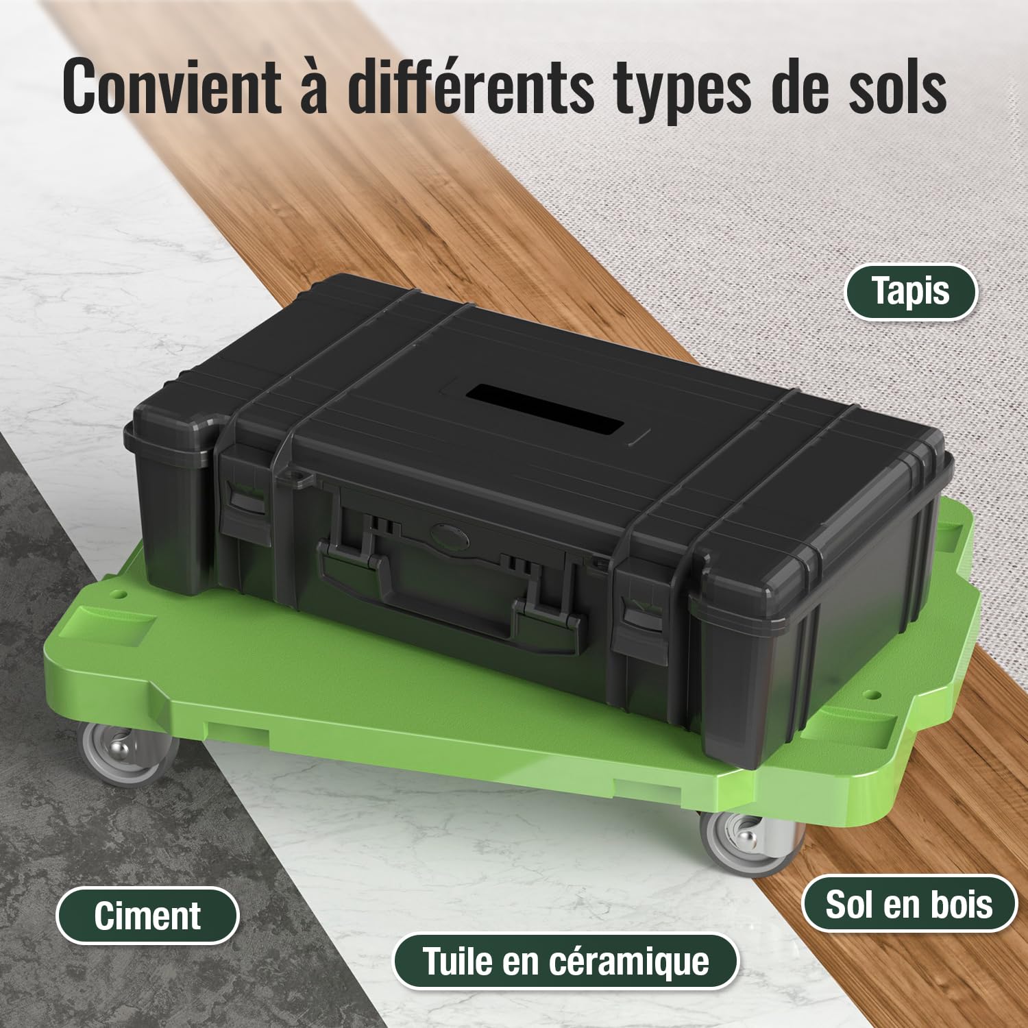 Chariot à roulettes Plat 42 x 29 cm, Design splicable, capacité 227 kg, roulettes pivotantes 5 cm pour Tous sols, idéal pour Maison, Bureau, Garage avec 2 Sangles élastiques (Lot de 2, Vert)