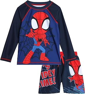 Marvel Avengers Boys Rash Guard Set Spider-Man and Captain America Kids UPF 50+ Swim Shirt and Trunks for Boys (3T-12)