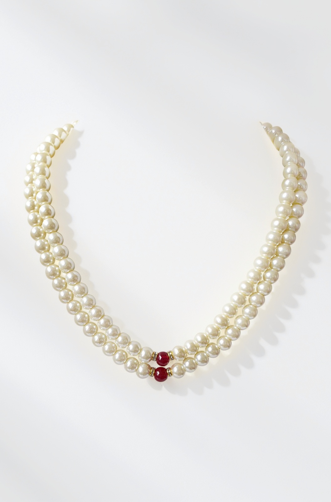2 Line White Shell Pearl and Red Stone Necklace Set for Women