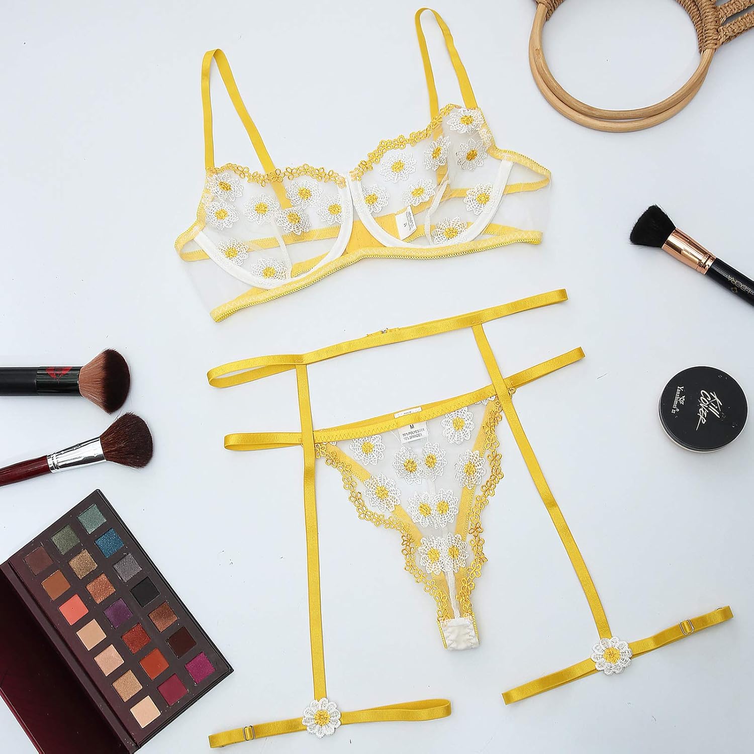 NO-BRAND Women Lingerie Sets with Garter Belt 3 Piece Lace Teddy Babydoll Bodysuit