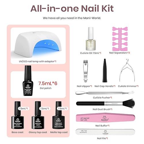 Miniatura 2 de Beetles - Kit de esmalte de uñas en gel con luz ultravioleta, de 6 colores, blanco nieve, rosa y nude, con capa base de gel y superior, aceites