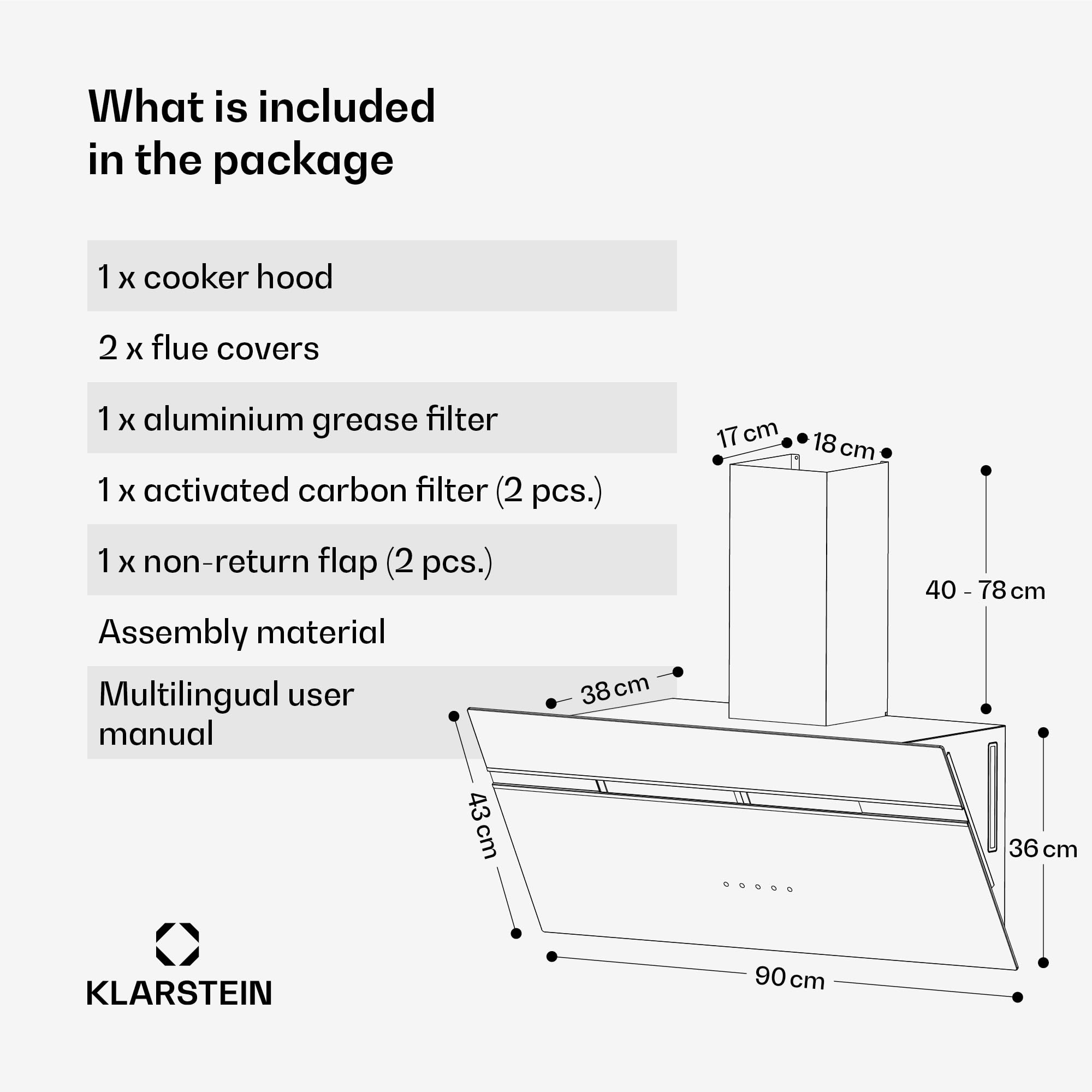 Klarstein Alina Okap kuchenny przyścienny – 90 cm, przepływ 615 m³/h, sterowanie dotykowe, klasa energetyczna A, podświetlenie LED w 9 kolorach, cichy 54 dB, czarny, opcja recyrkulacji
