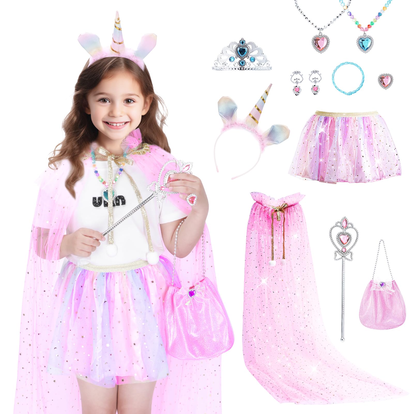 Acemall Disfraces de Princesas Infantiles Disfraz Princesa con collar, corona, varita de hadas, Disfraz de Halloween para Niña 3 4 5 6 años Cosplay, Cumpleaños, Carnaval, Cumpleaños, Fiesta