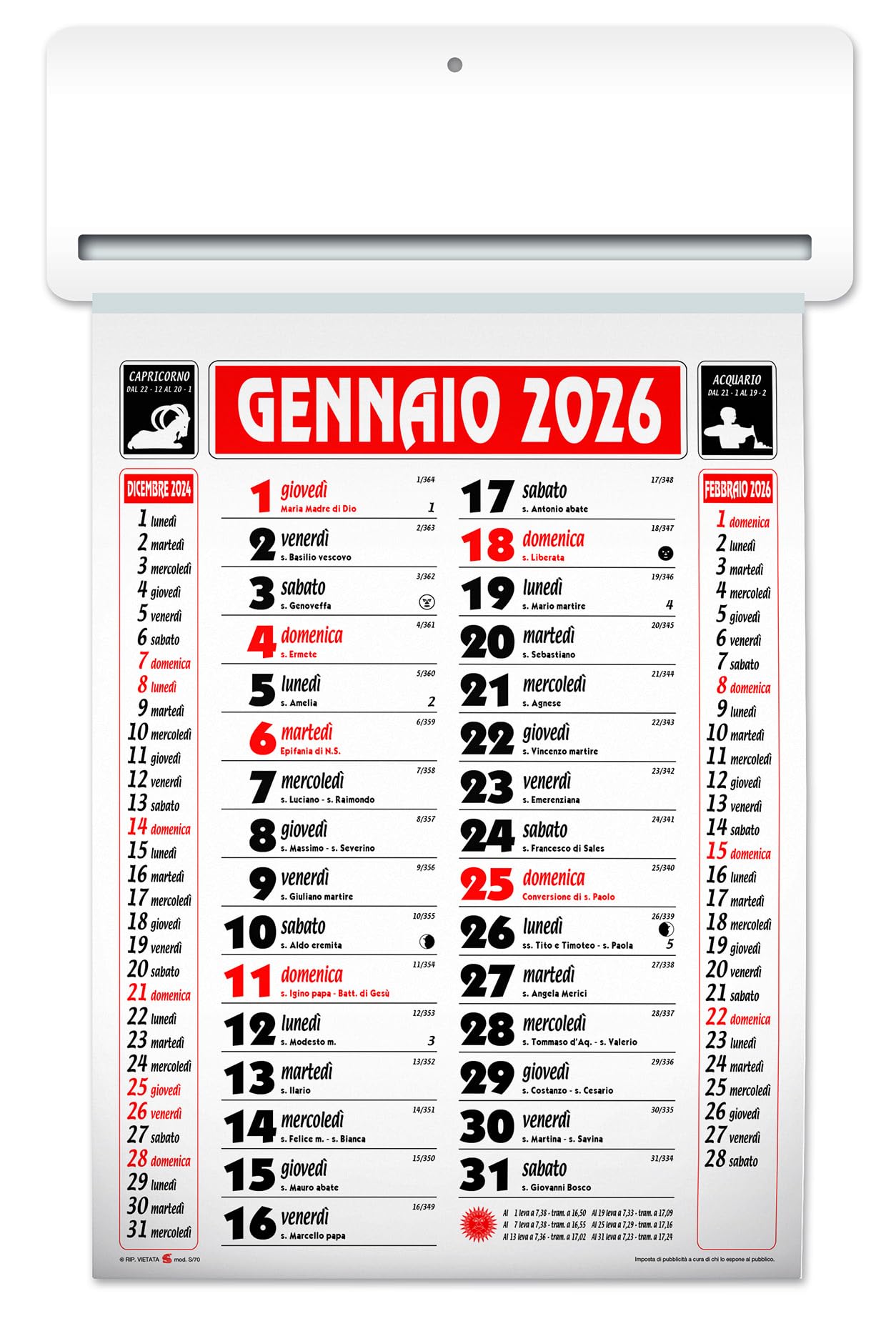 Calendario 2026 Olandese Girofoglio, 50 pezzi, con Santi, Festività, Fasi Lunari, Mesi Adiacenti,35x50,5 cm, Vari Colori, Personalizzabile S70 (ROSSO, NEUTRO)