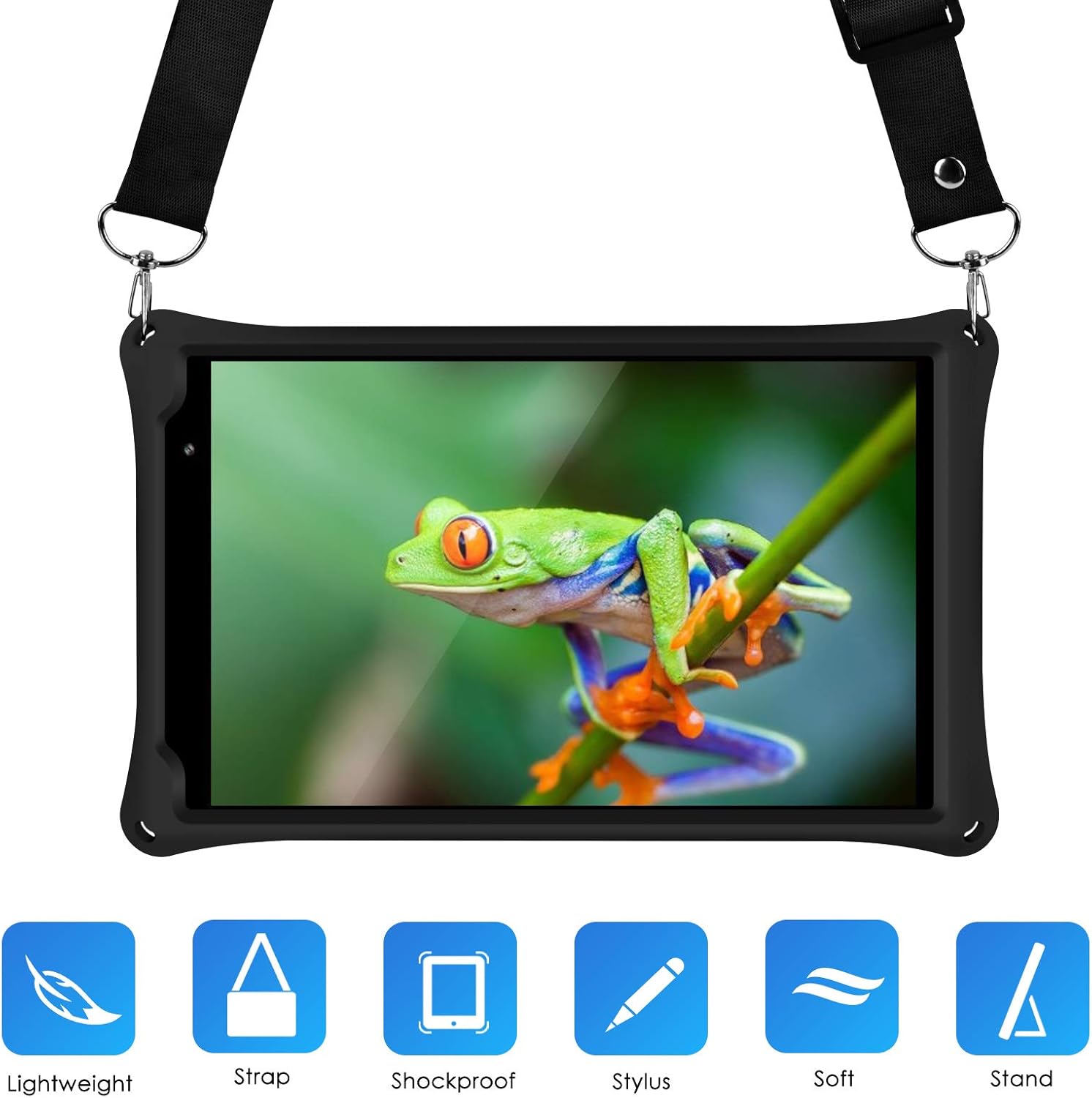 DETUOSI Silicone Case for Samsung Galaxy Tab A 8.0 2019, SM-T290/T295 Multi-Angle Stand Case with Shoulder Strap & Stylus Pen, Soft Lightweight Cover for TCL TAB 8 LE, Black