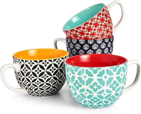 DOWAN 24 OZ Boho Mosaic Soup Mugs with Handle, Set of 4