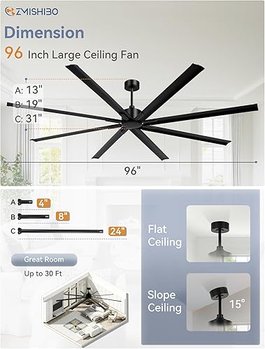 Miniatura 6 de ZMISHIBO Ventilador de techo industrial con motor de CC de 96 pulgadas, ventilador de techo grande con 8 cuchillas reversibles, 3 varillas