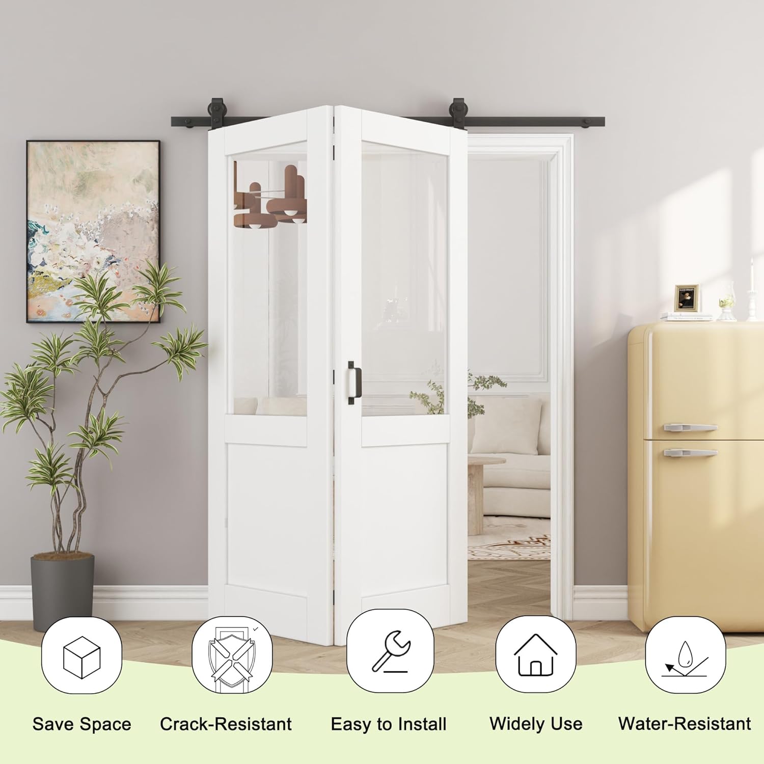 56" x 80" Pre-Assambled 1-Lite Clear Glass Bifold Barn Door with 64" Track Hardware Kit Included, MDF Panel Bi Fold Barn Doors, Sliding Closet Door with Excellent Sound Insolution, Easy to Install