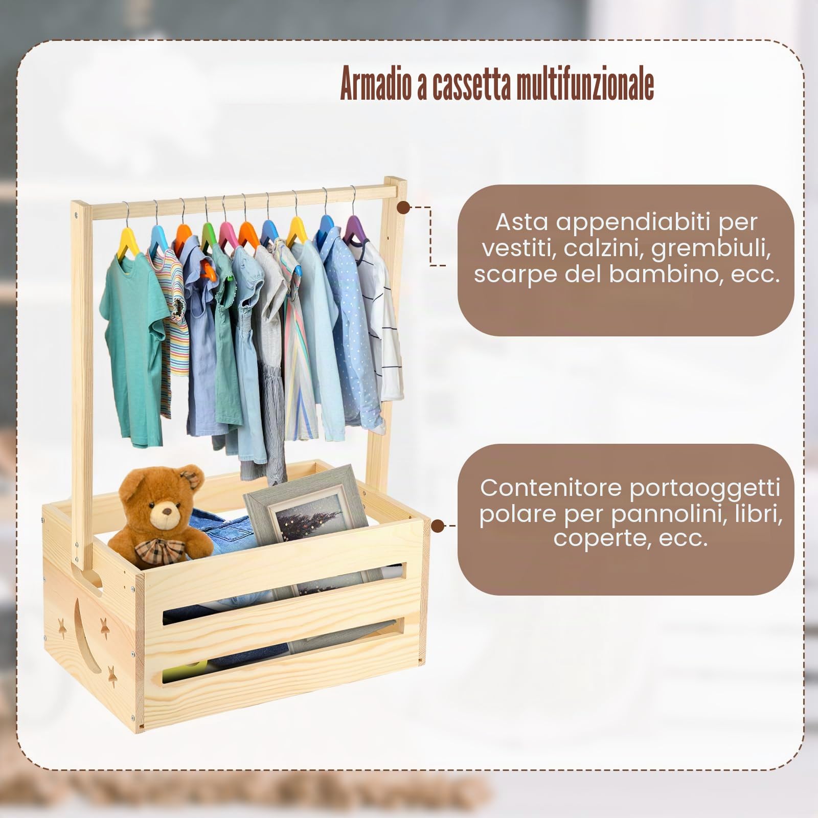 Guardaroba Baby Shower Legno, Elegante Armadio Baby Shower Versatile Appendiabiti Legno Bambini Pratico Cestino Portaoggetti Baby Shower Baby Shower Nuovi Genitori Articoli Essenziali Neonati