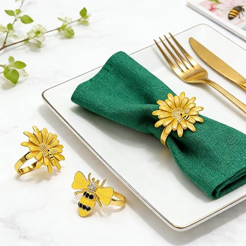 Miniatura 2 de Juego de 8 servilleteros de flores, servilleteros de abeja, girasol, servilleteros florales amarillos para decoración de bodas de verano, hebillas