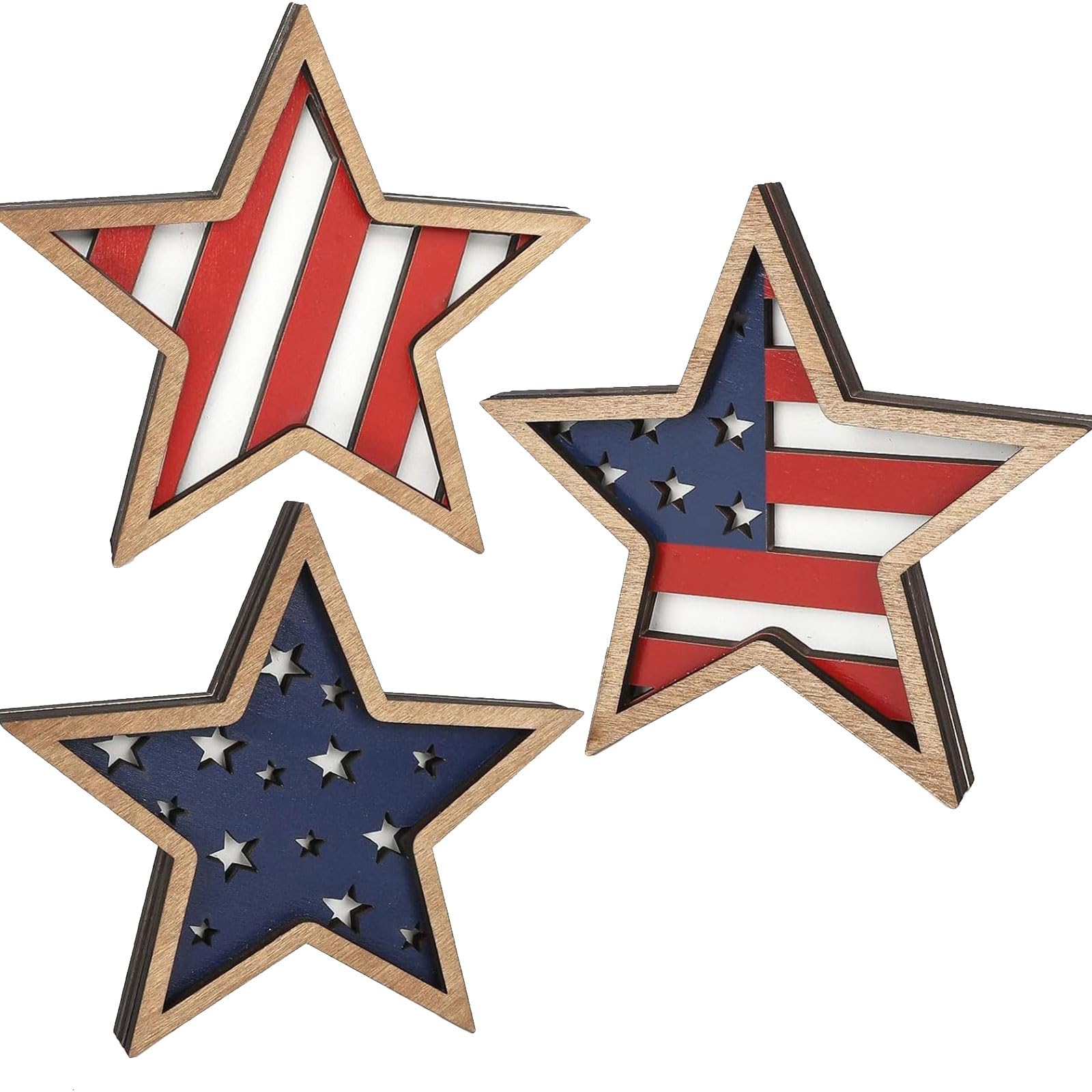 Tsophreniq Farmhouse Inspired Stackable Wood Star Decorations 3PCS in Red White and Blue for Festive Occasions Themed Ornaments