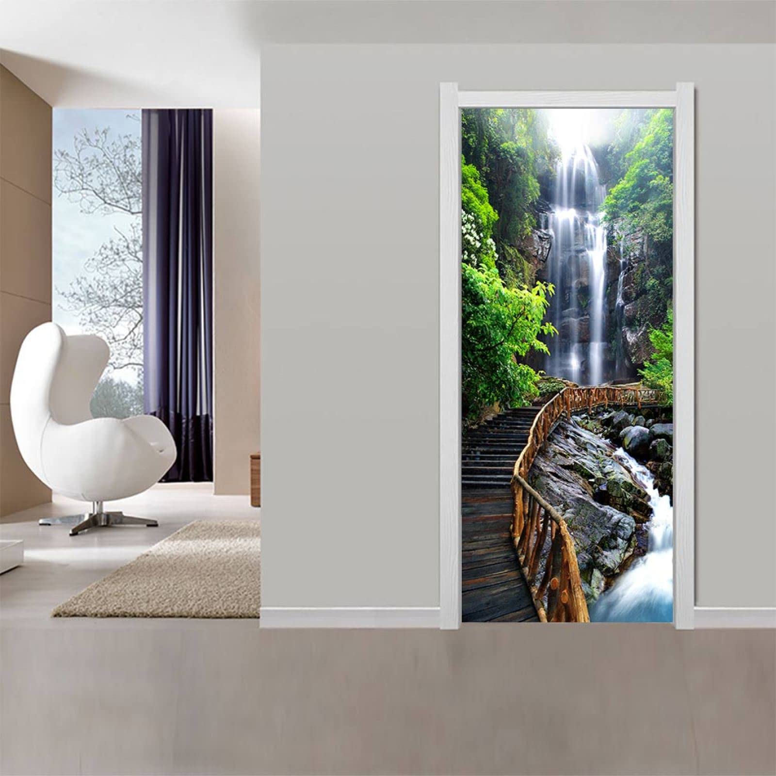 3D Door Sticker Forest Waterfalls W85 x H205 cm Waterproof Mural Vinyl Wall for Interior Doors Livingroom Bedroom Bathroom Office Home Decor