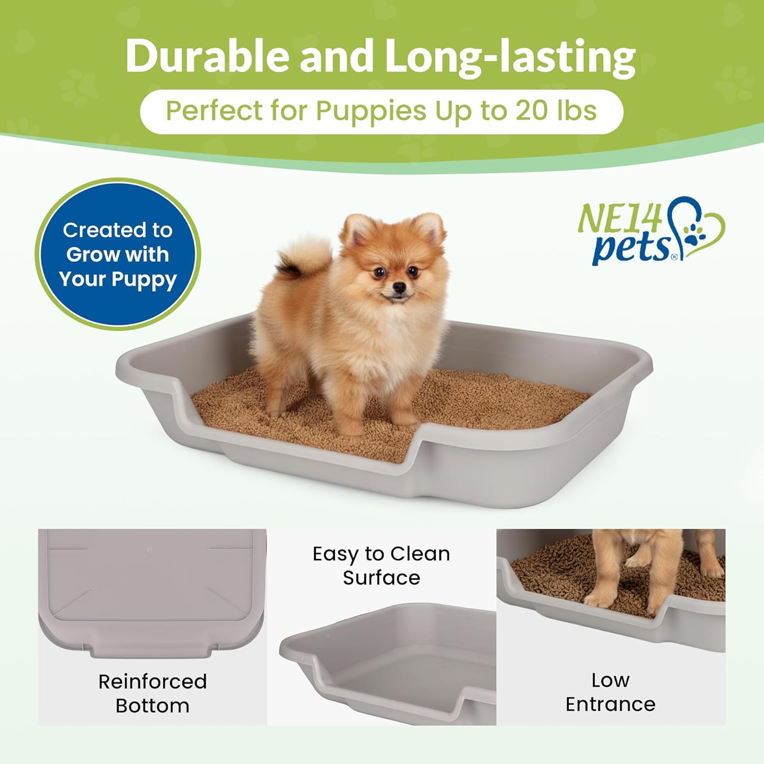 PuppyGoHere Dog Litter Box, Large Size, Misty Gray with Square Pet Scoop, Durable & Pet Safe Puppy Pan, Comfortable for Dogs, Great for Dogs up to 20 lbs - Includes 2 Puppy Pan & 1 Square Scoop
