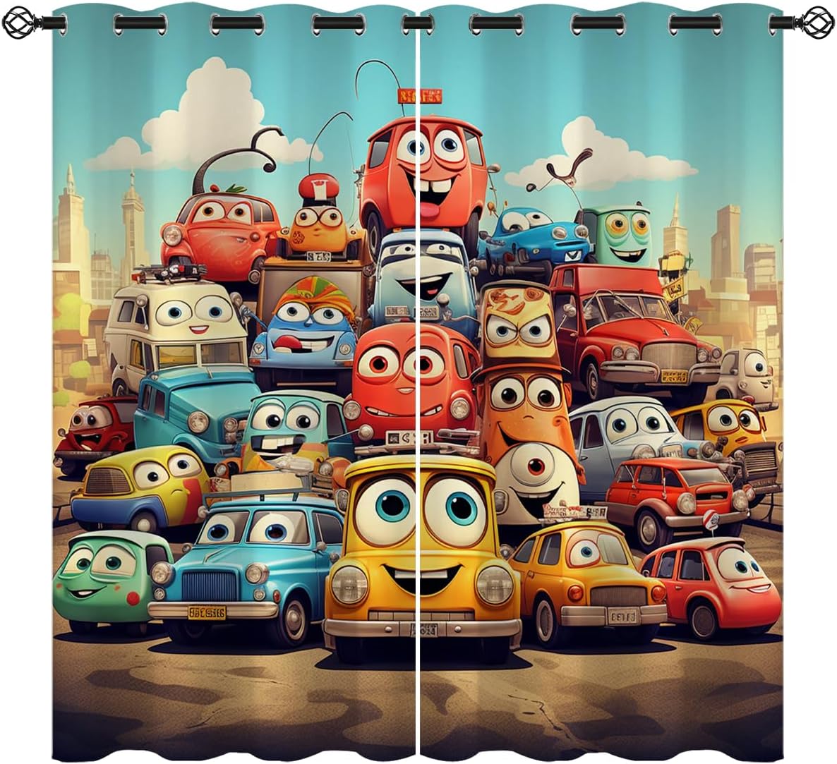Cartoon Car Blackout Curtains for Girls Boys Kids Teens Home Decor, Colorful Kawaii Cute Vehicle Grommet Thermal Insulated Drapes Darkening Window Curtain for Bedroom Living Room, 42 x 45 Inch