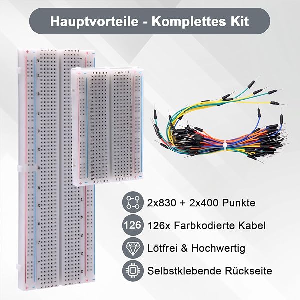 Mini Breadboard Kit 2X 830 Punkte + 2X 400 Punkte Steckplatine & 126 Flexible Überbrückungsdrähte, Steckbrett Elektronik Komplettset kompatibel mit Arduino Raspberry Pi, Lötfreies Set - 2