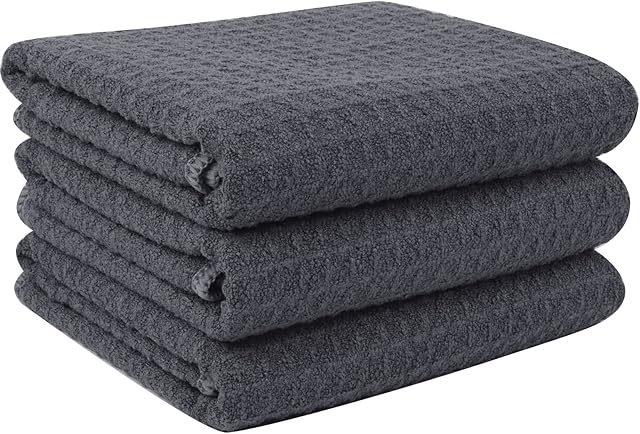 VIVOTE 3 Pack Microfibre Drying Towels Waffle Weave Cleaning Towels Super Absorbent Tea Towels 40 cm X 56 cm Grey