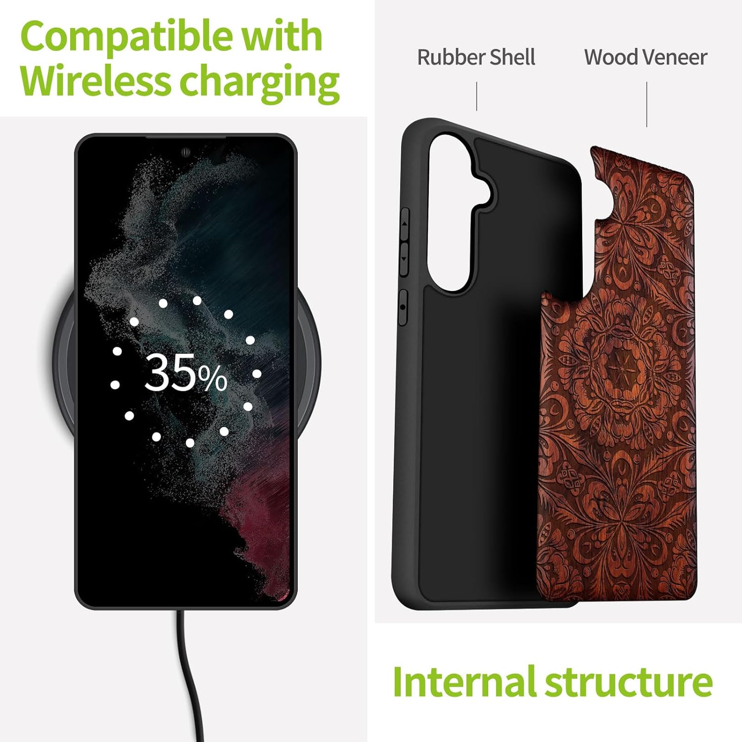 Carveit Wood Case for Galaxy S24 Case [Natural Wood & Black Soft TPU] Shockproof Protective Cover Unique Wooden Design Compatible with Samsung S24 (Baroque Blossom-Rosy)