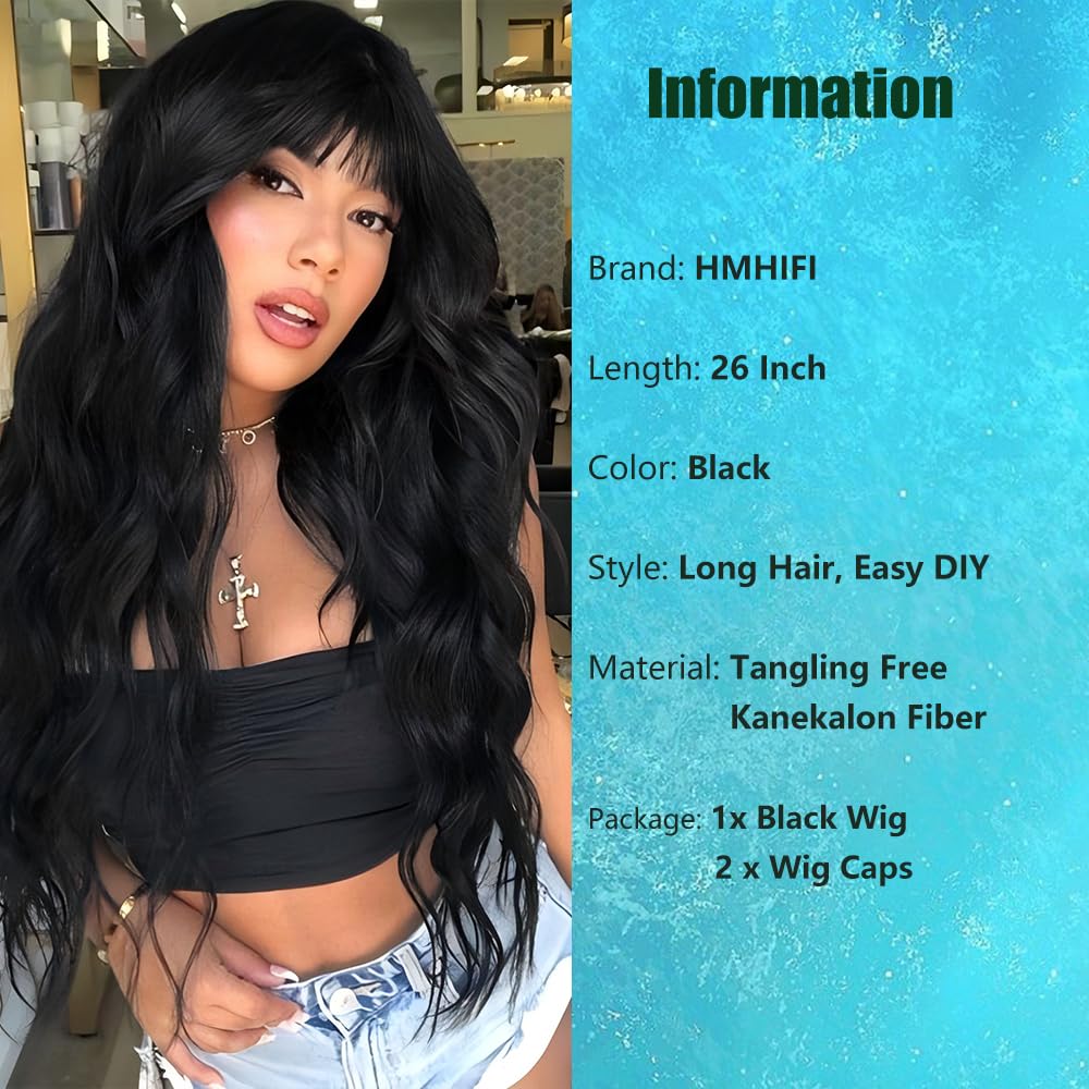 Black Wig with Bangs Long Wavy Black Wigs for Women 26Inch Synthetic Natural Looking Hair Replacement Wig for Daily Party Use Cosplay Costume Halloween Wig
