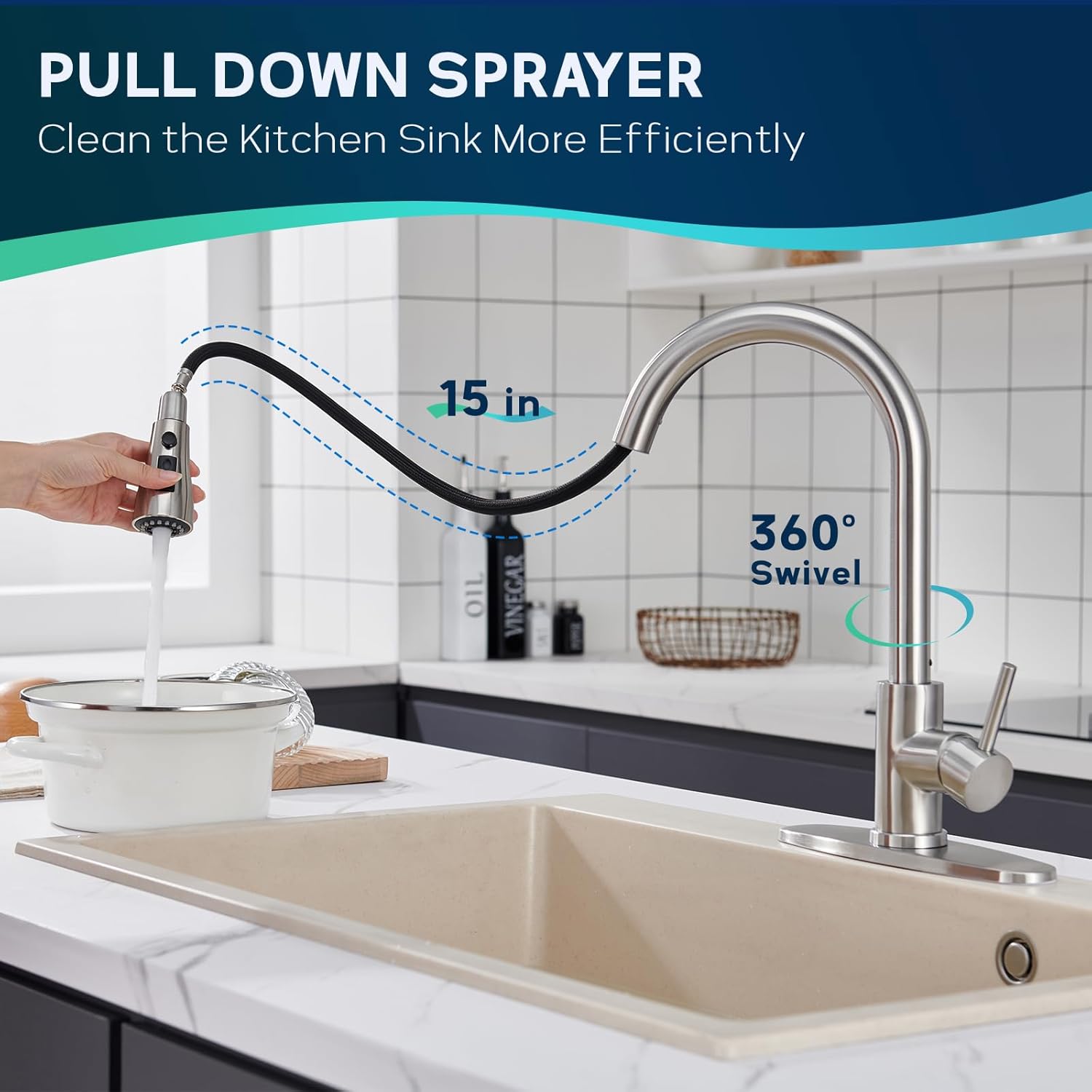 Brushed Nickel Kitchen Faucet with Pull Down Sprayer,304 Stainless Steel High Arc Single Handle Classic Sink Faucet with Pull Out Sprayer,Suitable for Farmhouse Camper Laundry Rv Bar