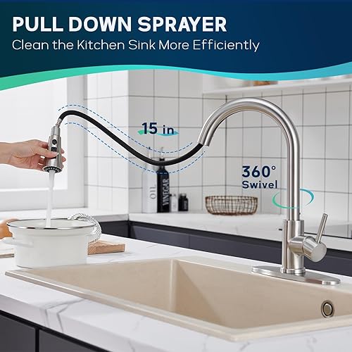 Miniatura 2 de Grifo de cocina extraíble de cromo pulido de arco alto de una sola manija, grifo de fregadero de acero inoxidable para lavandería de RV moderno