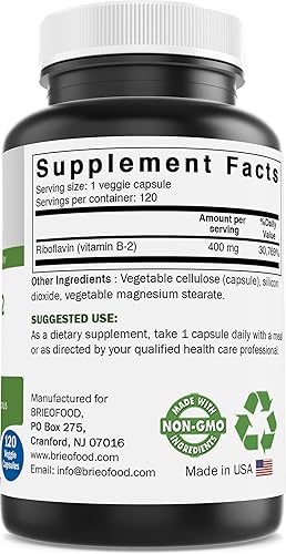 Miniatura 3 de Brieofood Vitamina B2 (riboflavina) 400 mg, 120 cápsulas vegetarianas, sin gluten, sin OMG