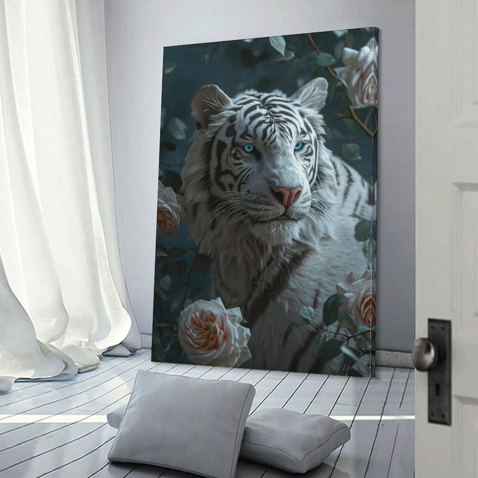 Amazon.co.jp: 絵画 獰猛なホワイトタイガーとバラ アートパネル