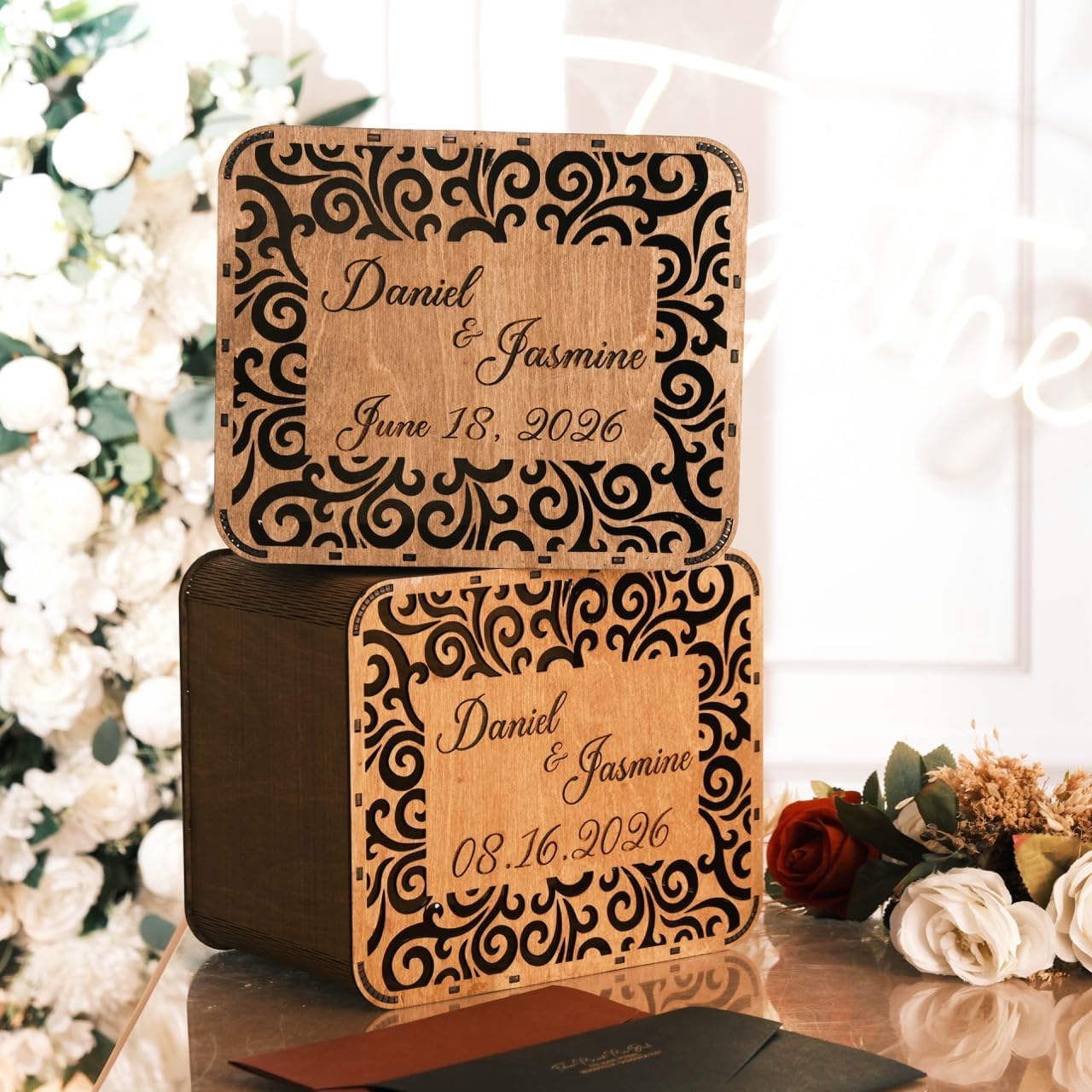 EMC Personalized Wood Card Box for Wedding & Engagement – Rustic Wedding Card Holder with Slot – Bridal Shower, Baby Shower & Birthday Decor